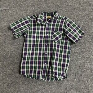 Parker Button Down Boys Size 12 Green Blue Plaid Short Sleeve Cotton Blend USA